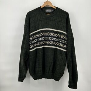 David Taylor Sweater Mens XLT Nordic‎ Geometric Olive Green Grandpa 90s USA Vtg